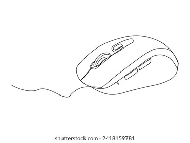 Computer mouse in continuous One line drawing vector. Mouse cursor to PC icon. Continuous outline of a Mouse computer device icon.

