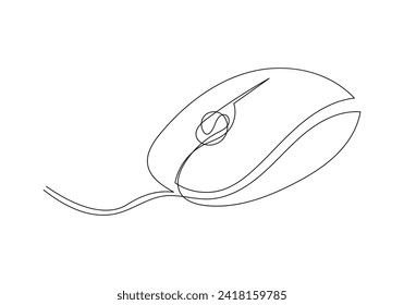 Computer mouse in continuous One line drawing vector. Mouse cursor to PC icon. Continuous outline of a Mouse computer device icon.
