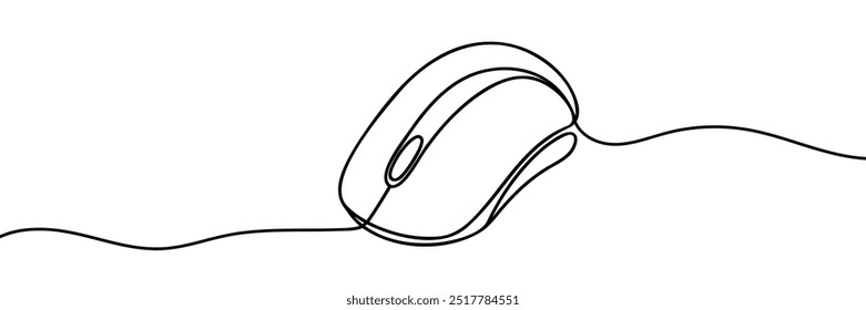 Computer mouse in continuous One line drawing vector. Mouse cursor to PC icon. Continuous outline of a Mouse computer device icon.