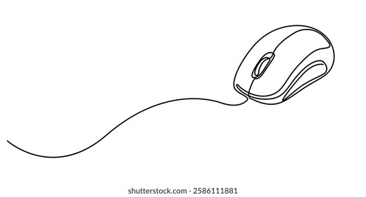 computer mouse continuous one line drawing, Drawn continuous one line computer mouse logo. Vector illustration, Continuous single line drawing of laptop or desktop mouse. Vector illustration, single.