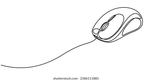 computer mouse continuous one line drawing, Drawn continuous one line computer mouse logo. Vector illustration, Continuous single line drawing of laptop or desktop mouse. Vector illustration, single.