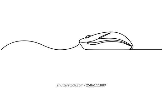 computer mouse continuous one line drawing, Drawn continuous one line computer mouse logo. Vector illustration, Continuous single line drawing of laptop or desktop mouse. Vector illustration, single.