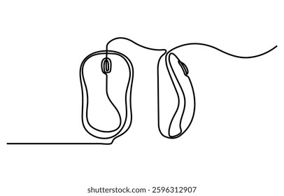 Computer mouse continuous one line drawing. Single line art illustration white background