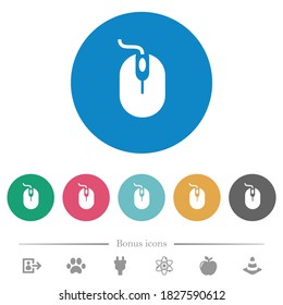 Computer mouse with cord flat white icons on round color backgrounds. 6 bonus icons included.