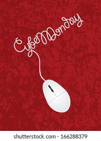 Computer Mouse with Cord Forming Cyber Monday Words on Red Texture Background Vector Illustration
