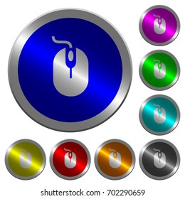 Computer mouse with cord icons on round luminous coin-like color steel buttons