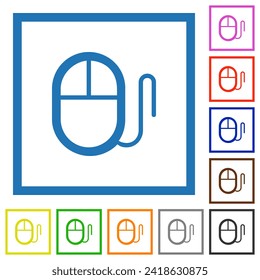 Computer mouse with cord outline flat color icons in square frames on white background