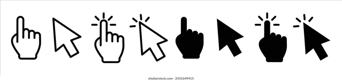 Computer mouse or cursor arrow icons set. Outline and fill Cursor icons. Vector illustration. Mouse click cursor collection.