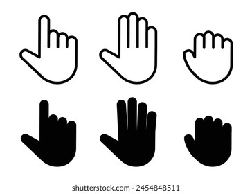 computer mouse cursor click hand pointer and hand grab outline and black fill