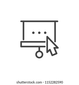 Computer mouse cursor clicking on projector screen. Graphic web pictograph and button of video viewing, entrance to webinar room or virtual conference. Line icon isolated. Vector illustration