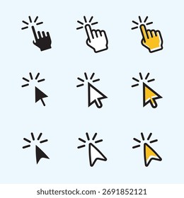 O cursor do mouse do computador clica no ícone de seta à mão definido como preto, amarelo e branco.