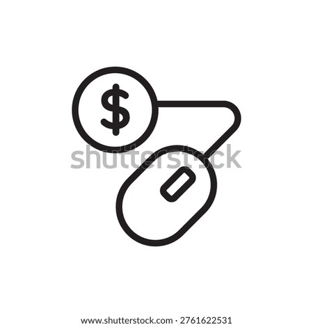 Computer mouse cursor with a dollar symbol for paid search marketing and cost per click budget concept in line art.