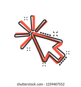 Computer mouse cursor icon in comic style. Arrow cursor vector cartoon illustration pictogram. Mouse aim business concept splash effect.