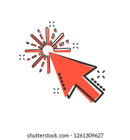 Computer mouse cursor icon in comic style. Arrow cursor vector cartoon illustration pictogram. Mouse aim business concept splash effect.