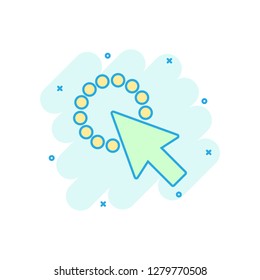 Computer mouse cursor icon in comic style. Arrow cursor vector cartoon illustration pictogram. Mouse aim business concept splash effect.
