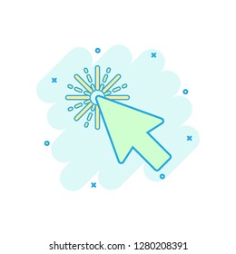 Computer mouse cursor icon in comic style. Arrow cursor vector cartoon illustration pictogram. Mouse aim business concept splash effect.