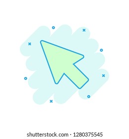 Computer mouse cursor icon in comic style. Arrow cursor vector cartoon illustration pictogram. Mouse aim business concept splash effect.