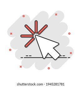 Computer mouse cursor icon in comic style. Arrow cursor vector cartoon illustration pictogram. Mouse aim business concept splash effect.