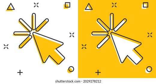 Computer mouse cursor icon in comic style. Arrow cursor vector cartoon illustration pictogram. Mouse aim business concept splash effect.