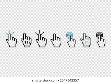 Computer mouse cursor icon set. Hand click icon. Set of hand clicks with shadow on transparent background. Cursor click, pointing hand click icons. Touch or click icon stock vector design. Vector