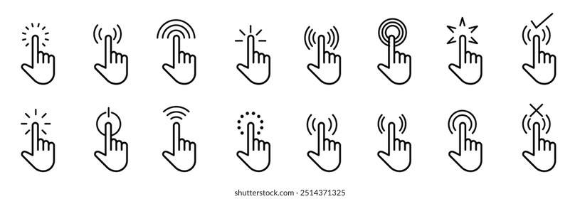 Icono del puntero del cursor del ratón del ordenador. Pulsando con el cursor. Gesto de la mano con un dedo índice doblado. Elementos de Vector aislados