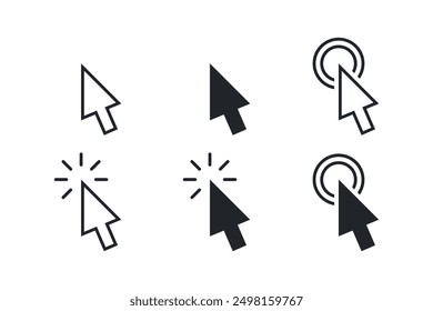 Computer mouse cursors set in different variations. Arrow click buttons for UI. Vector icons in flat style