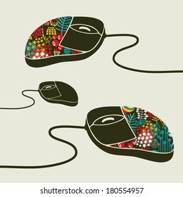 Computer mouse decorated with design print. Vector illustration of fashionable device for PC or notebook.