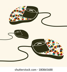 Computer mouse decorated with design print. Vector illustration of fashionable device for PC or notebook. Cool thing for people who like creative things.