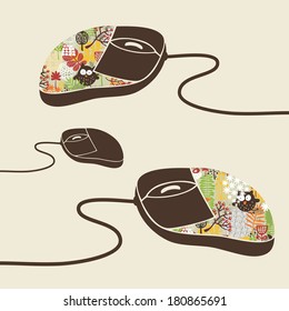 Computer mouse decorated with design print. Vector illustration of fashionable device for PC or notebook. Cool thing for people who like creative things.