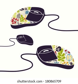 Computer mouse decorated with design print. Vector illustration of fashionable device for PC or notebook. Cool thing for people who like creative things.
