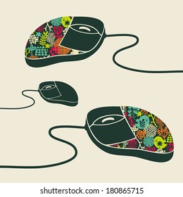 Computer mouse decorated with design print. Vector illustration of fashionable device for PC or notebook. Cool thing for people who like creative things.