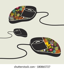 Computer mouse decorated with design print. Vector illustration of fashionable device for PC or notebook. Cool thing for people who like creative things.