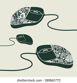 Computer mouse decorated with design print. Vector illustration of fashionable device for PC or notebook. Cool thing for people who like creative things.