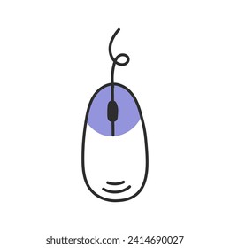 Icono del doodle del ratón del ordenador. Ilustración vectorial colorida. Objeto de contorno dibujado a mano con botones y cable.