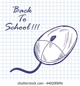 Computer mouse. Doodle sketch on checkered paper background. Vector illustration.