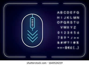 Computer mouse with down arrows neon light icon. Scrolldown gesture indicator. Web cursor. Outer glowing effect. Sign with alphabet, numbers and symbols. Vector isolated RGB color illustration