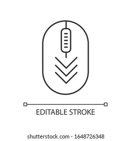 Computer mouse with down arrows pixel perfect linear icon. Scrolldown gesture indicator. Thin line customizable illustration. Contour symbol. Vector isolated outline drawing. Editable stroke