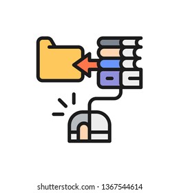 Computer mouse with e-book, online education, web library flat color line icon.