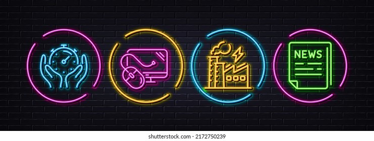 Computer mouse, Electricity factory and Timer minimal line icons. Neon laser 3d lights. Fake news icons. For web, application, printing. Pc component, Electric power, Deadline management. Vector