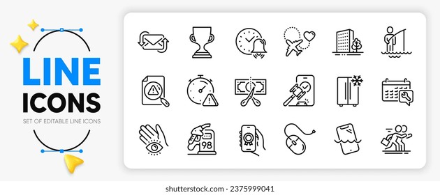 Computer mouse, Fisherman and Honeymoon travel line icons set for app include Auction, Buildings, Search document outline thin icon. Refresh mail, Competition, Refrigerator pictogram icon. Vector