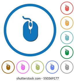 Computer mouse flat color vector icons with shadows in round outlines on white background