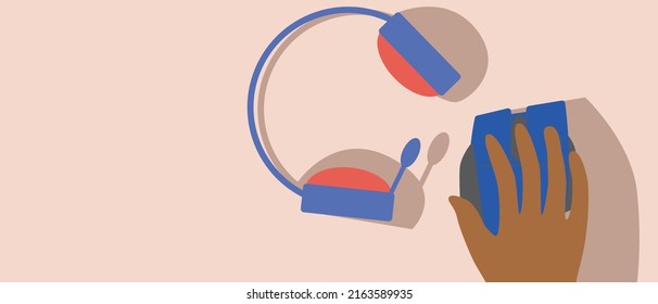 Ratón informático en la mano y auriculares del jugador. Copiar plantilla de espacio para el diseño. Ilustración de material vectorial plano. Tecnologías cibernéticas. Concepto de puertos