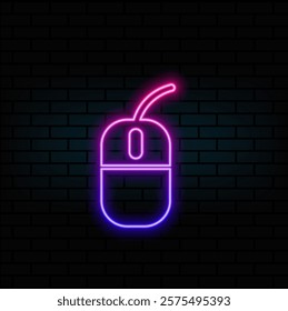 Computer mouse. Glowing neon icon on brick wall background.