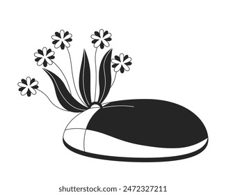 Computer mouse with growing flowers black and white 2D illustration concept. Vintage device with fresh plants cartoon items isolated on white. Lofi atmosphere metaphor monochrome vector art