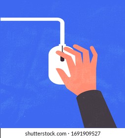 Computer mouse and hand. Cartoon flat illustration. Clicking with mouse concept.