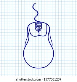 Computer mouse hand drawn on grid copybook paper, vector illustration