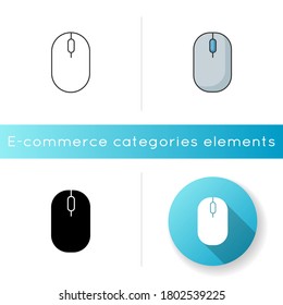 Computer mouse icon. Click to scroll. Browse internet. Electronic device to work with computer. Optical technology for laptop. Linear black and RGB color styles. Isolated vector illustrations