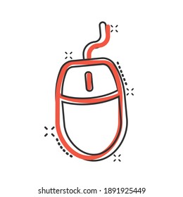 Computer mouse icon in comic style. Cursor cartoon vector illustration on white isolated background. Pointer splash effect business concept.