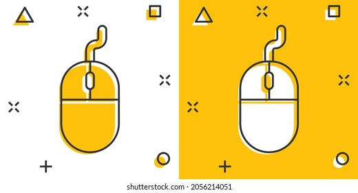 Computer mouse icon in comic style. Cursor cartoon vector illustration on white isolated background. Pointer splash effect business concept.