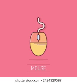 Computer mouse icon in comic style. Cursor cartoon vector illustration on isolated background. Pointer splash effect business concept.